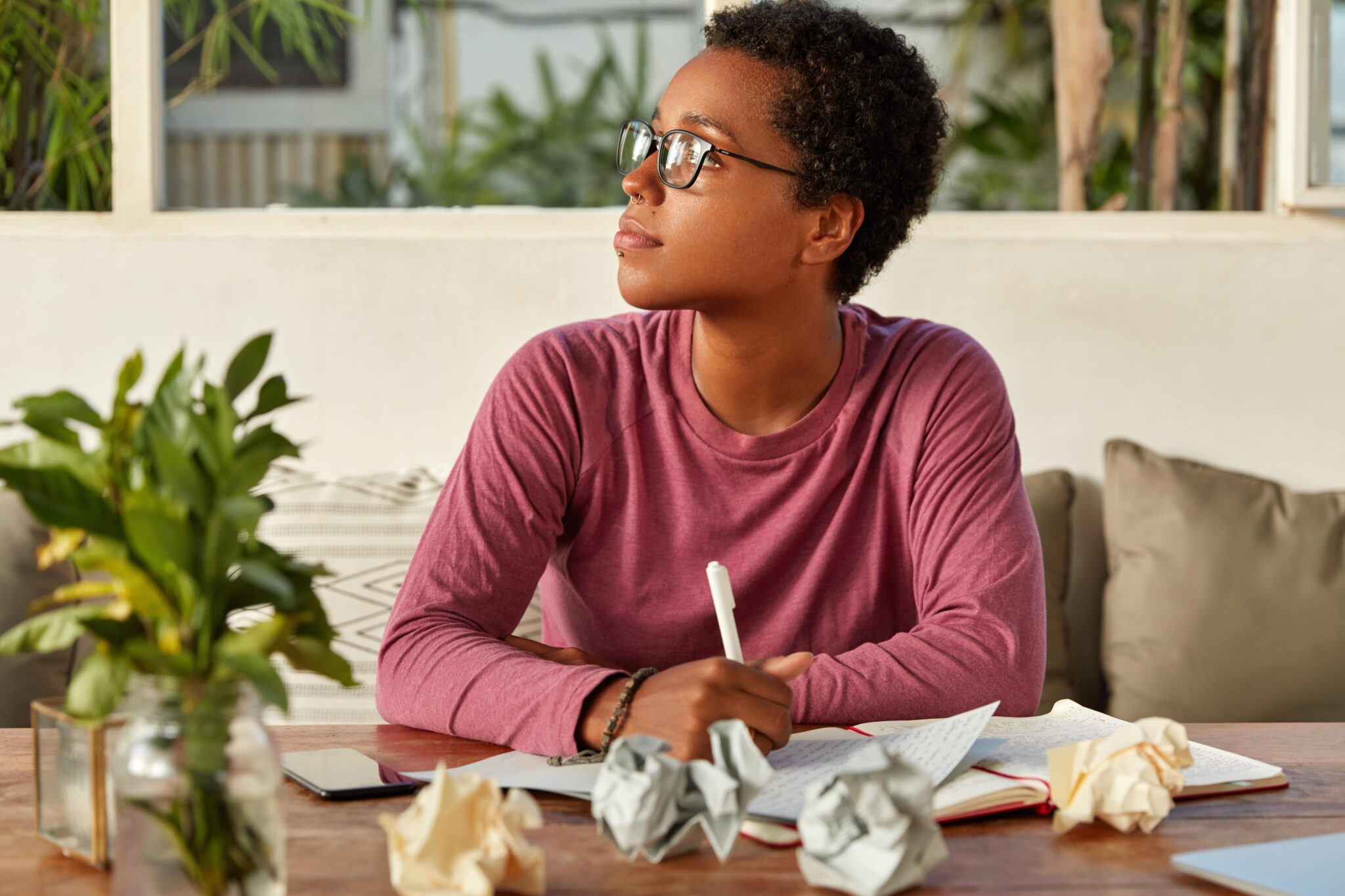 thoughtful black girl eyewear focused aside tries gather with thoughts min